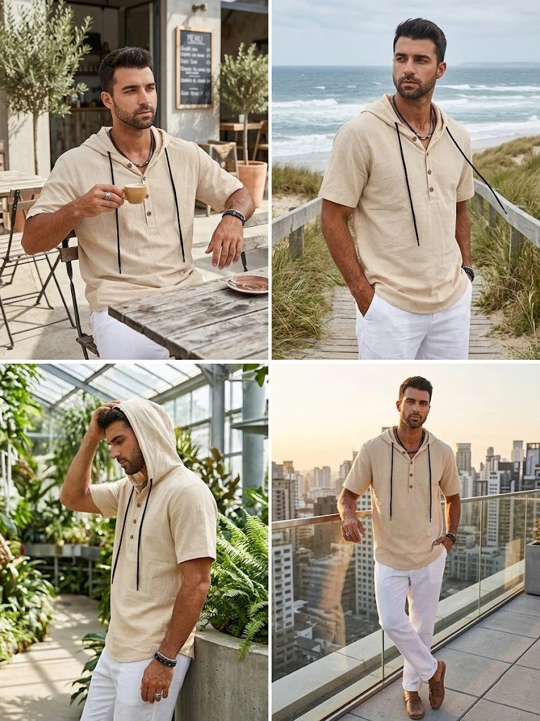 Summer Mens Linen Hooded Shirts for Men Lightweight Short Sleeve Casual T-Shirts Button Cotton Hoodie Hawaiian T Shirts for Men