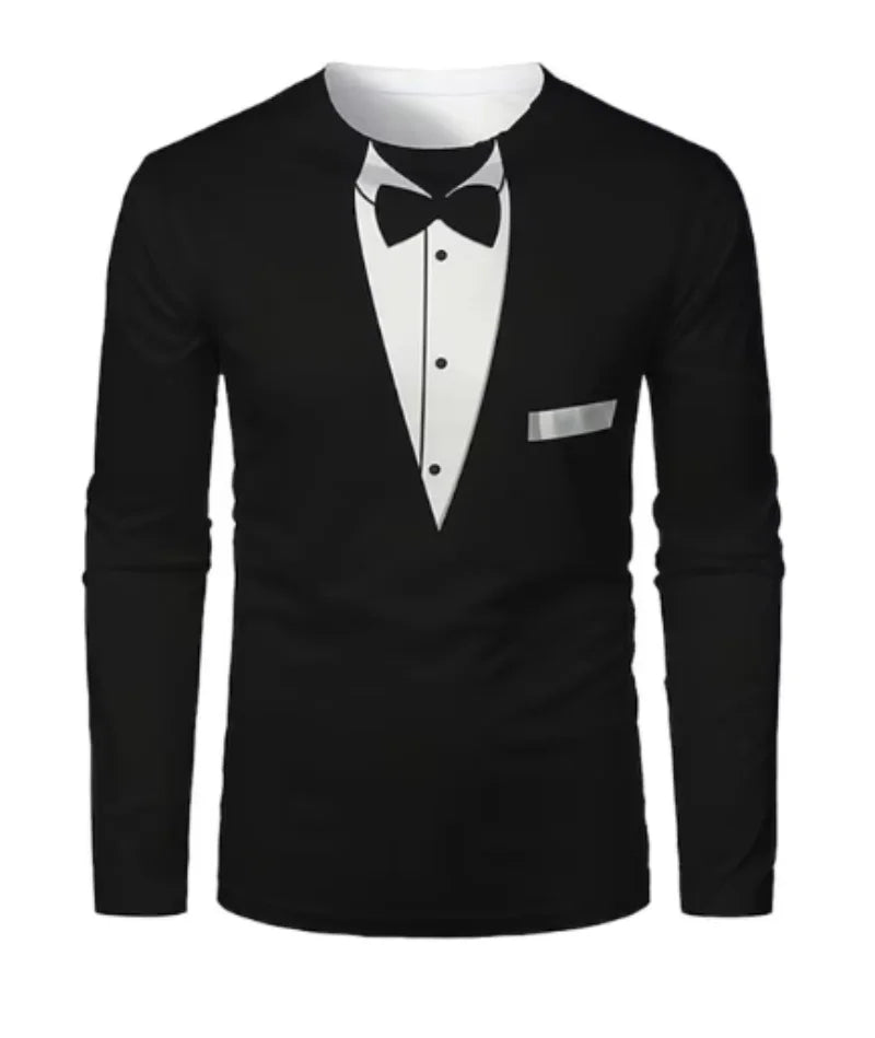 Funny Gentleman Suit Graphci Long Sleeve T Shirt For Men Casual Crew Neck Oversized Tee Shirt Tops For Men Clothes Streetwear