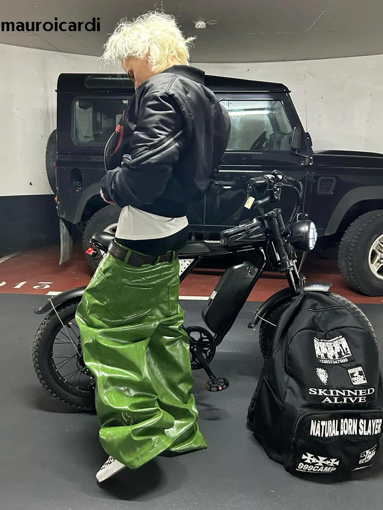 Mauroicardi Spring Autumn Cool Long Shiny Reflective Green Pu Leather Wide Leg Pants for Men Y2K Luxury Brands Original Clothes