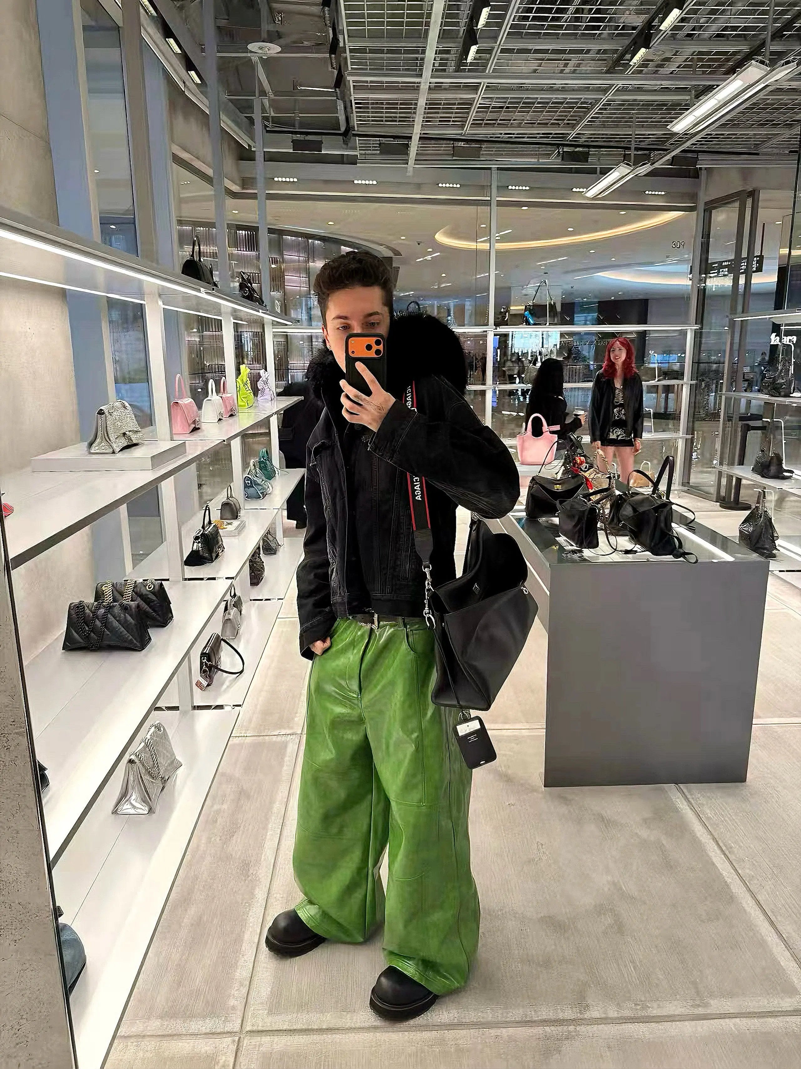 Mauroicardi Spring Autumn Cool Long Shiny Reflective Green Pu Leather Wide Leg Pants for Men Y2K Luxury Brands Original Clothes
