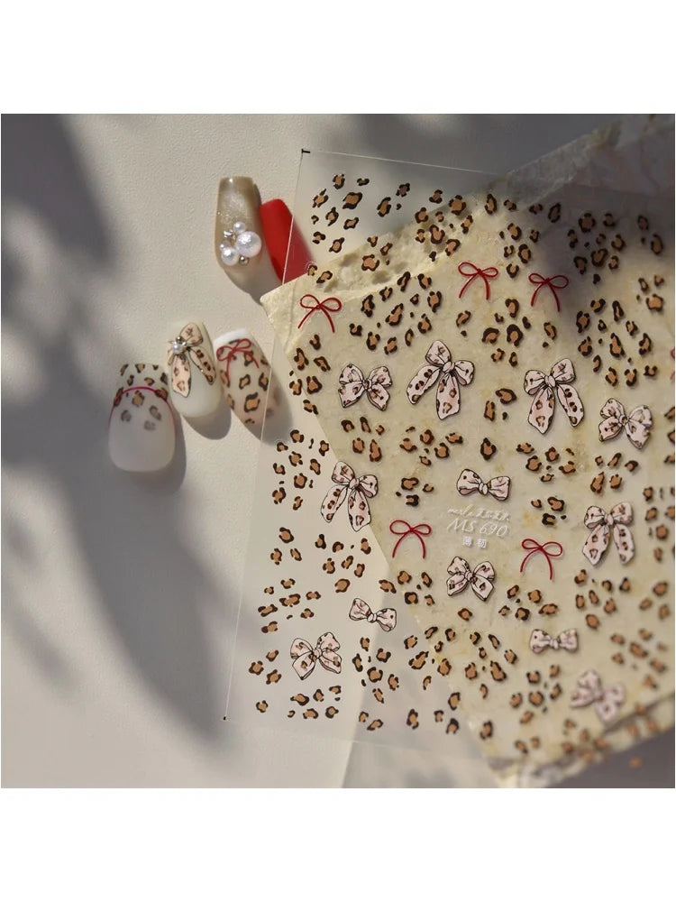 1pcs 3D Leopard Bow Love Nail Stickers Charming Bowknot Pearl Nail Art Decals Sliders Autumn Manicure Decorations Nail Supplies