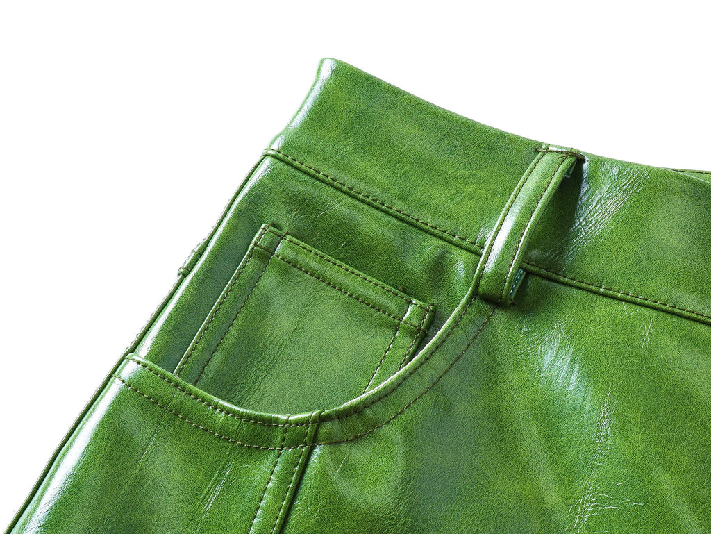 Mauroicardi Spring Autumn Cool Long Shiny Reflective Green Pu Leather Wide Leg Pants for Men Y2K Luxury Brands Original Clothes