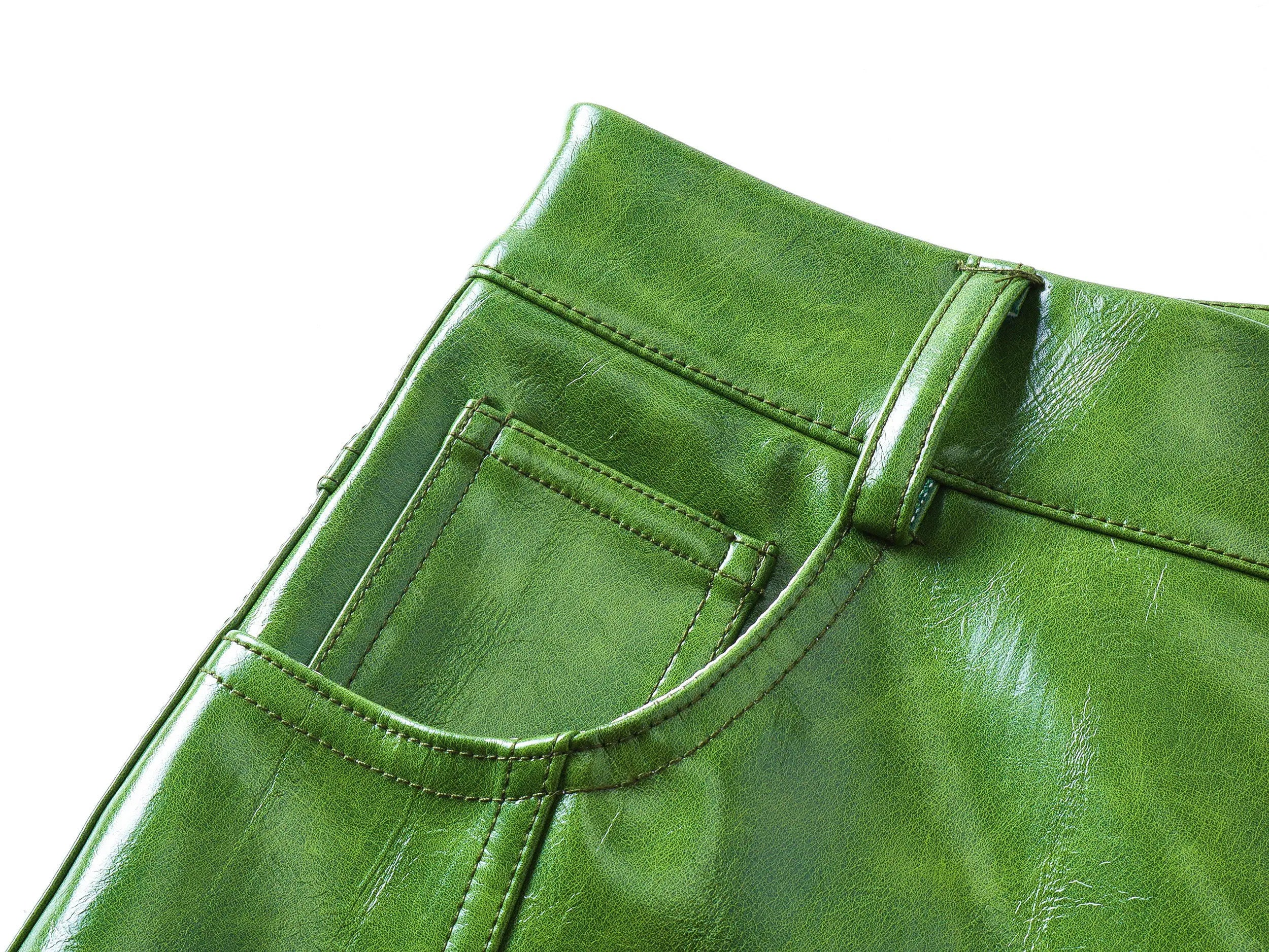 Mauroicardi Spring Autumn Cool Long Shiny Reflective Green Pu Leather Wide Leg Pants for Men Y2K Luxury Brands Original Clothes