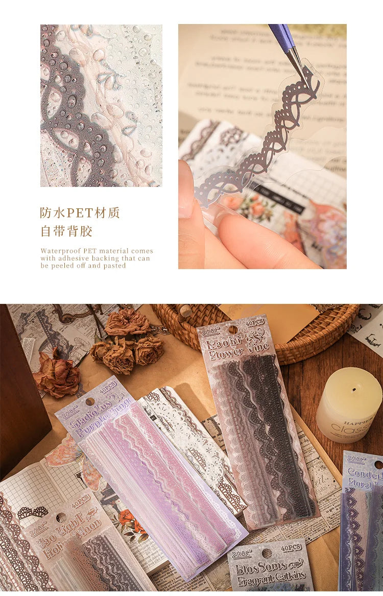40 pcs Lace Stickers Cute Aesthetics Decor Collage Junk Journal Scrapbooking Supplies Self Adhesive Creative Stationery Sticker