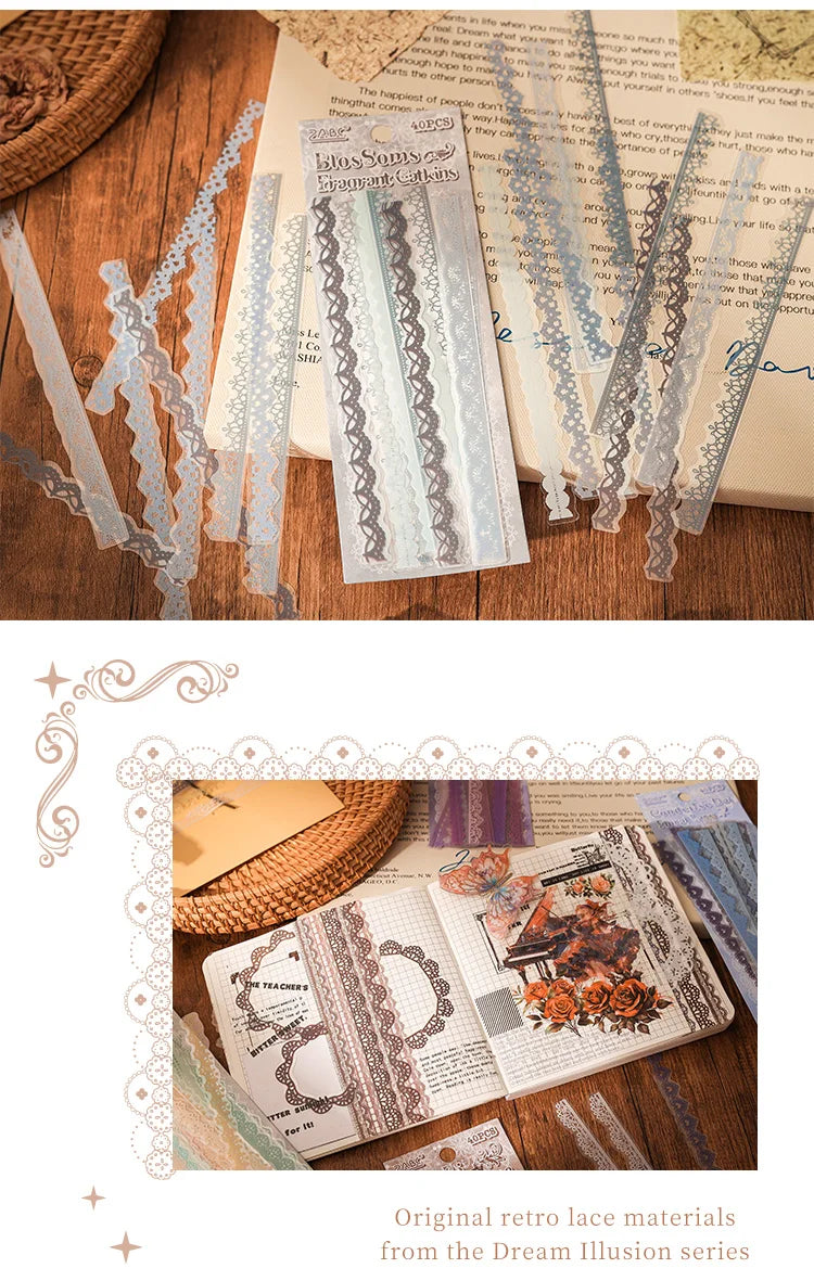 40 pcs Lace Stickers Cute Aesthetics Decor Collage Junk Journal Scrapbooking Supplies Self Adhesive Creative Stationery Sticker