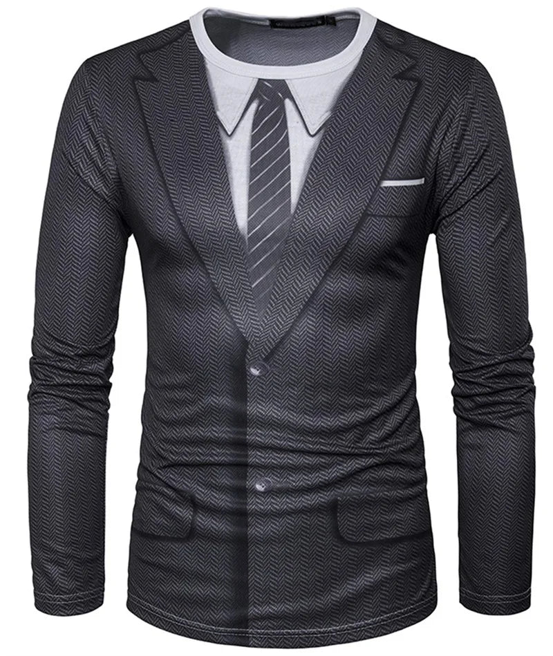 Funny Gentleman Suit Graphci Long Sleeve T Shirt For Men Casual Crew Neck Oversized Tee Shirt Tops For Men Clothes Streetwear