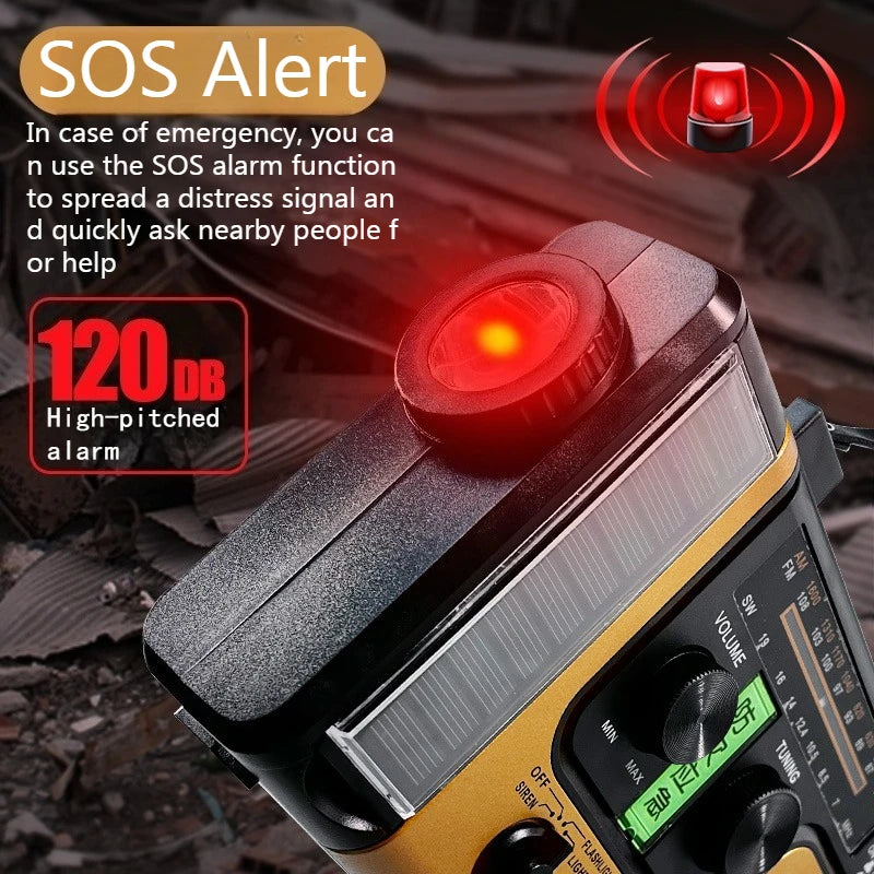 Wireless emergency radio, solar and hand-cranked generator with NOAA weather alerts, wireless connection to AM FM