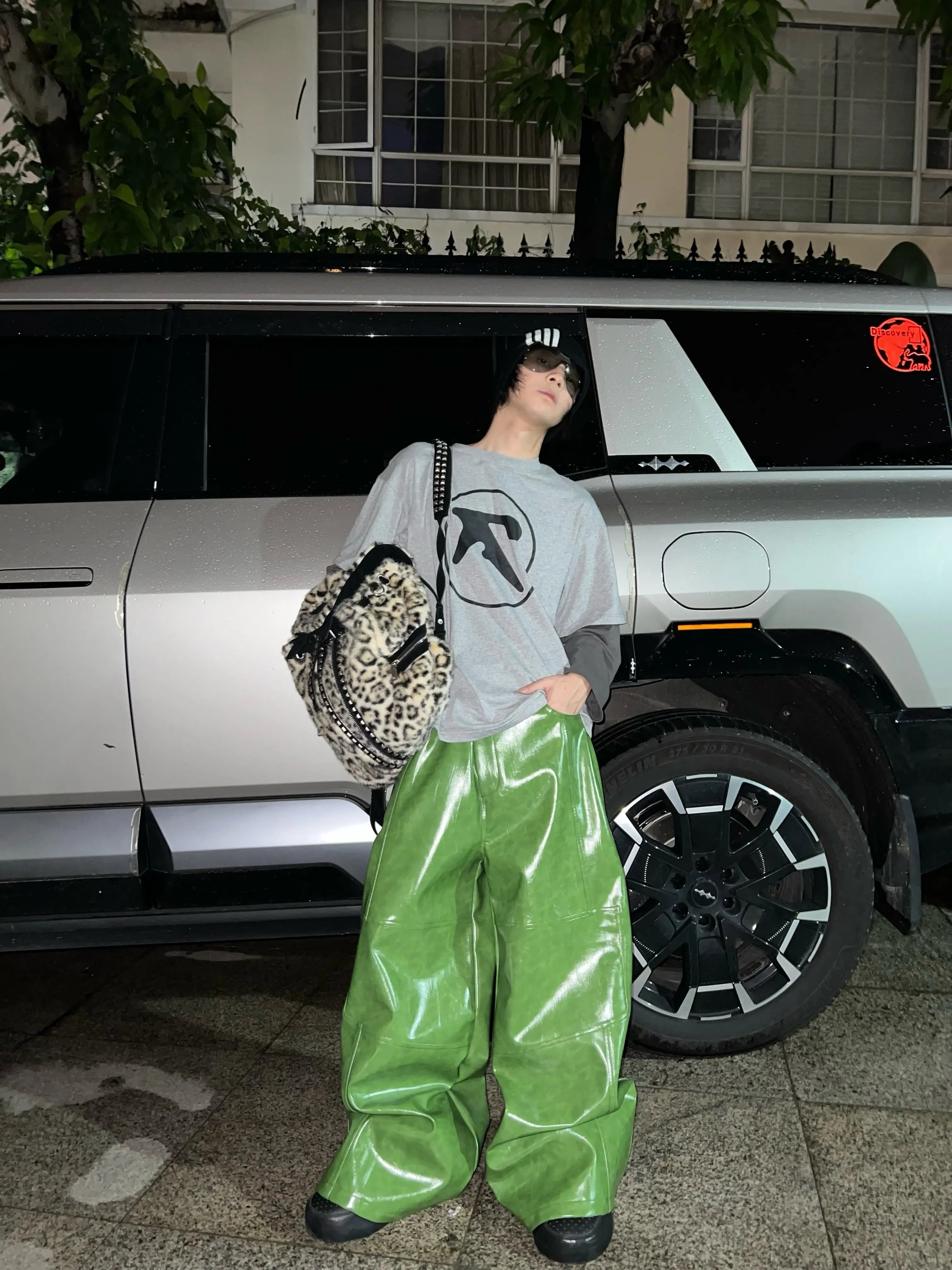 Mauroicardi Spring Autumn Cool Long Shiny Reflective Green Pu Leather Wide Leg Pants for Men Y2K Luxury Brands Original Clothes