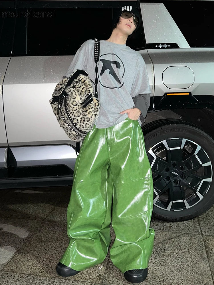 Mauroicardi Spring Autumn Cool Long Shiny Reflective Green Pu Leather Wide Leg Pants for Men Y2K Luxury Brands Original Clothes