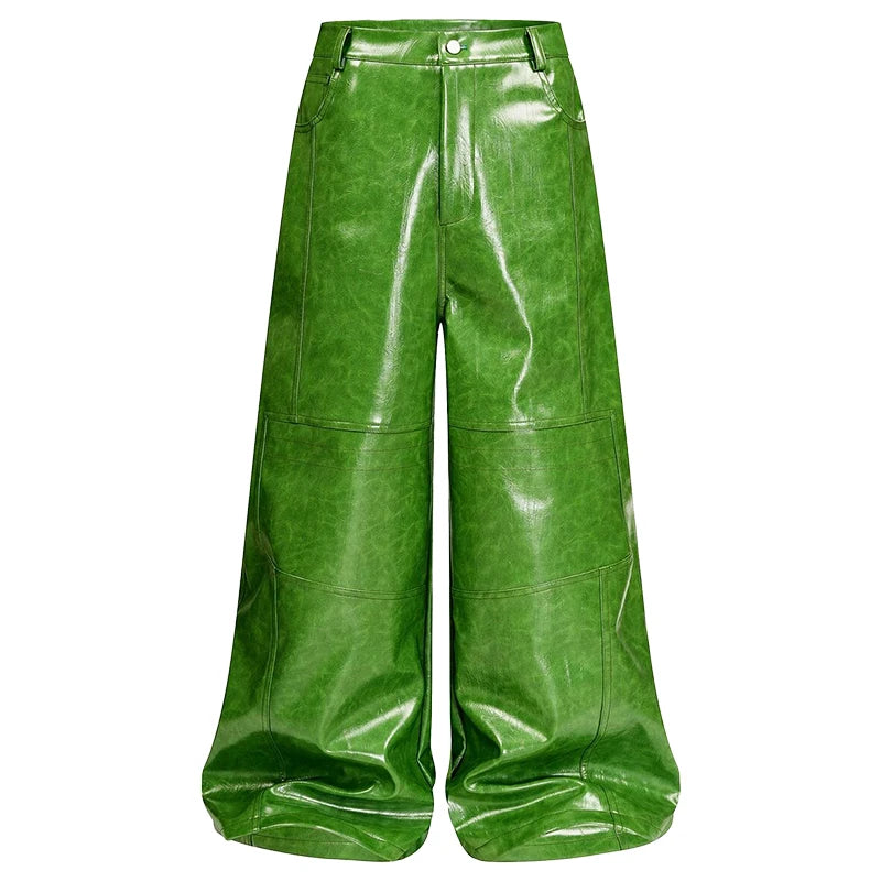 Mauroicardi Spring Autumn Cool Long Shiny Reflective Green Pu Leather Wide Leg Pants for Men Y2K Luxury Brands Original Clothes