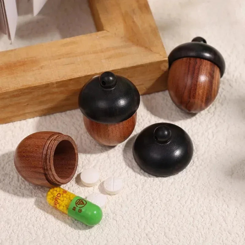 20/1pcs Mini Wooden Medicine Pill Box Wood Acorn Pendant Portable Rescue Tablets Case Granule Storage Box Small Items Container