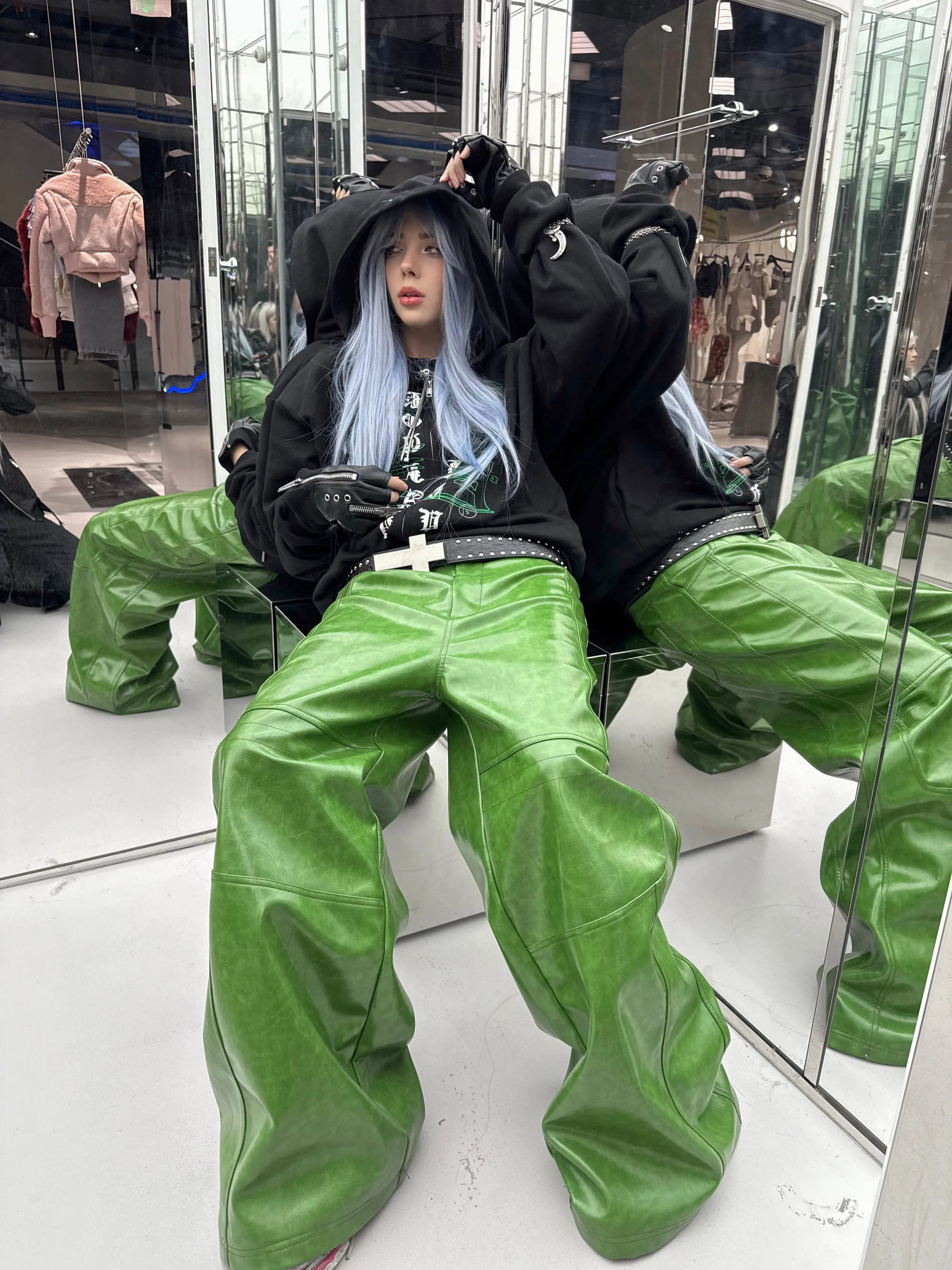 Mauroicardi Spring Autumn Cool Long Shiny Reflective Green Pu Leather Wide Leg Pants for Men Y2K Luxury Brands Original Clothes