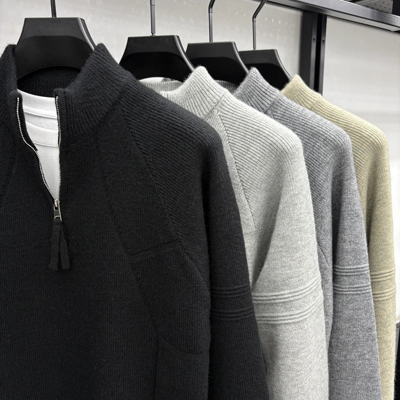 High Quality 2025 Fashionable and Simple Half Zipper Sweater Men's Autumn and Winter Knitted Sweater Casual Pullover Top