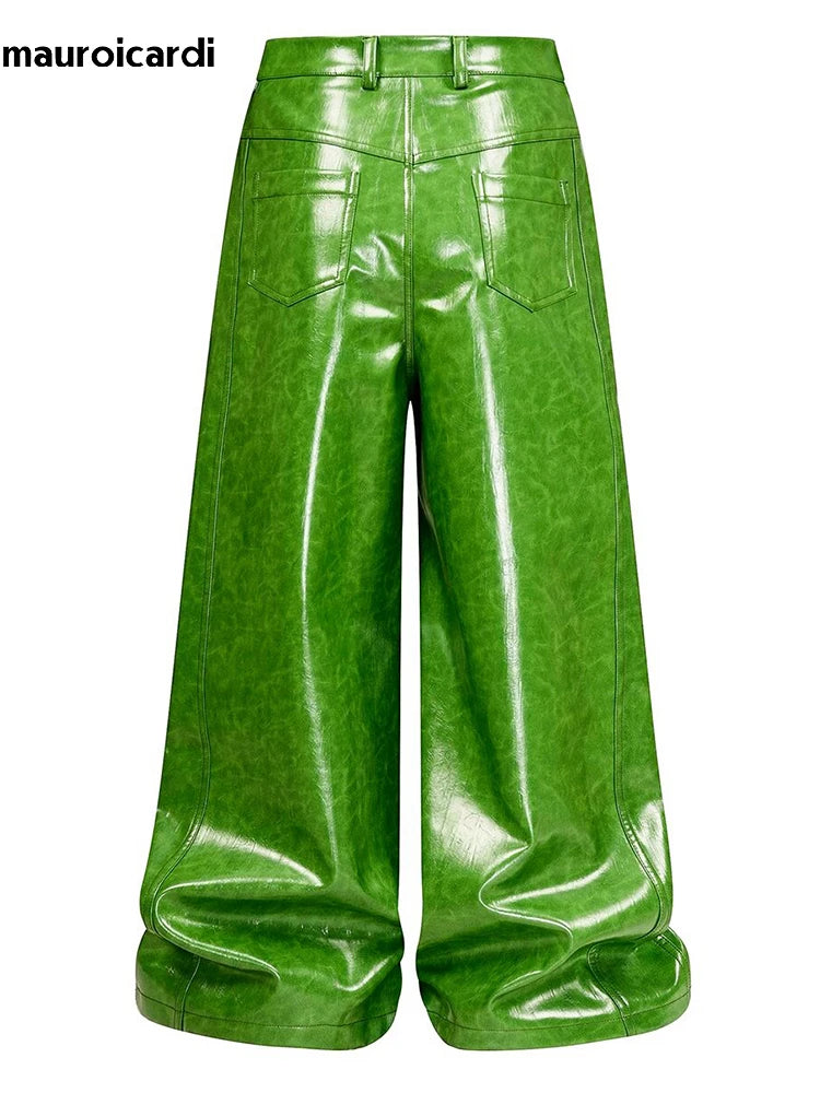 Mauroicardi Spring Autumn Cool Long Shiny Reflective Green Pu Leather Wide Leg Pants for Men Y2K Luxury Brands Original Clothes