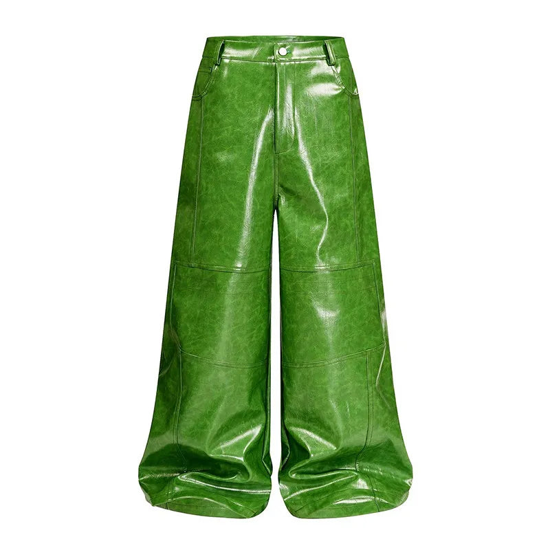 Mauroicardi Spring Autumn Cool Long Shiny Reflective Green Pu Leather Wide Leg Pants for Men Y2K Luxury Brands Original Clothes