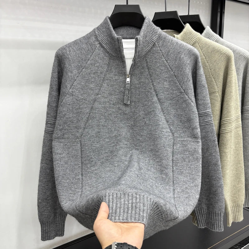 High Quality 2025 Fashionable and Simple Half Zipper Sweater Men's Autumn and Winter Knitted Sweater Casual Pullover Top