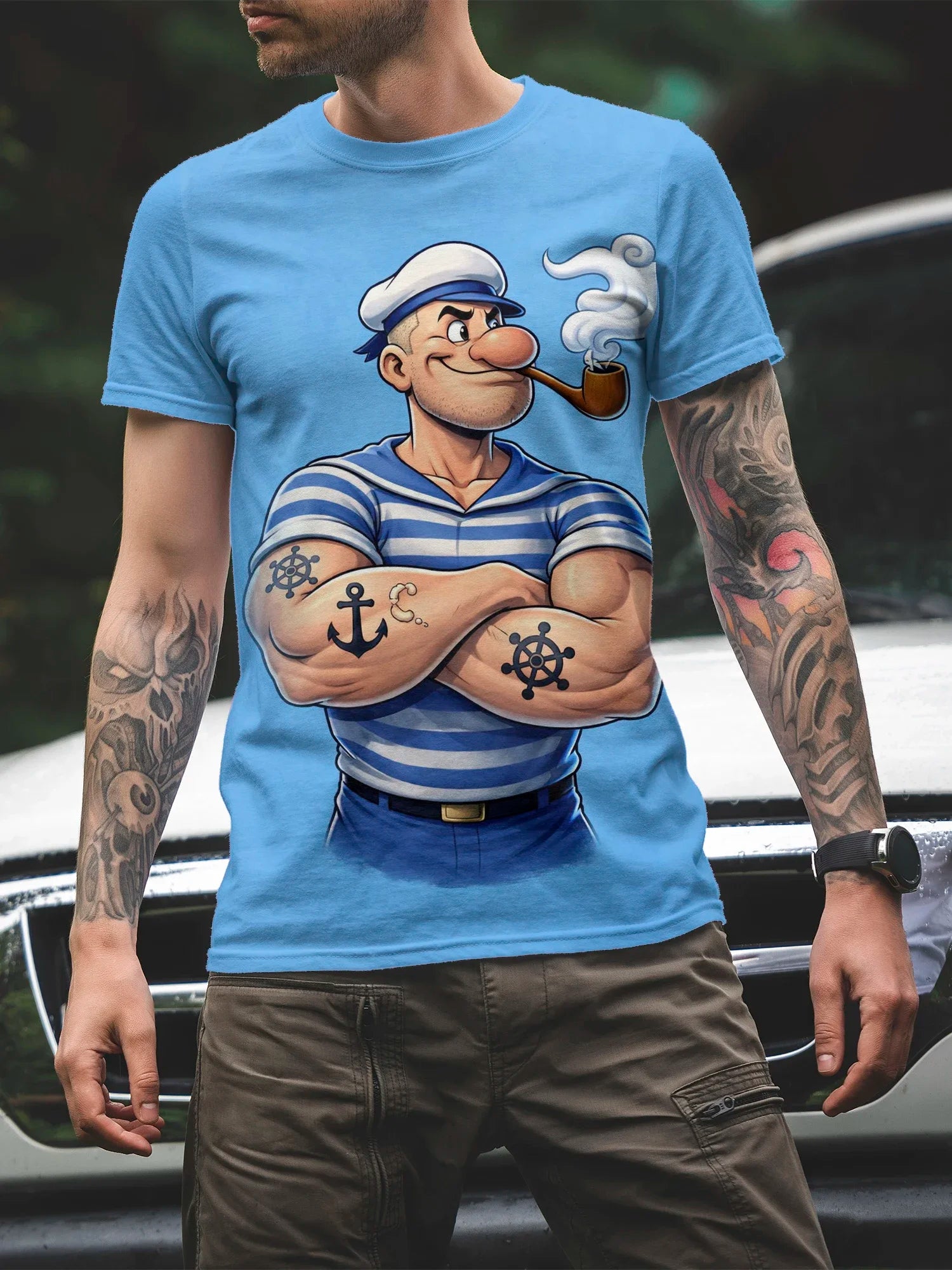 Men's Short-Sleeve T-Shirt  Popeye the Sailor Graphic Printed Round-Neck Short Sleeve Retro Cartoon Casual Daily Streetwear Tops